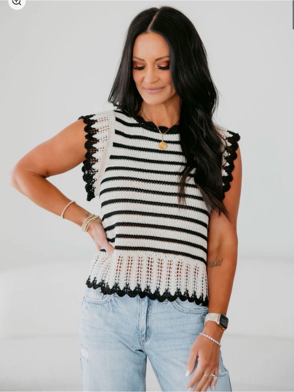 So Me Black & White Striped Crochet Tank Top